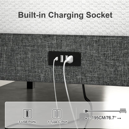 Foothill Upholstered Bed and Baseline Black Folding Tray Table, 2-Piece Bedroom Comfort Bundle, Queen Size, Grey