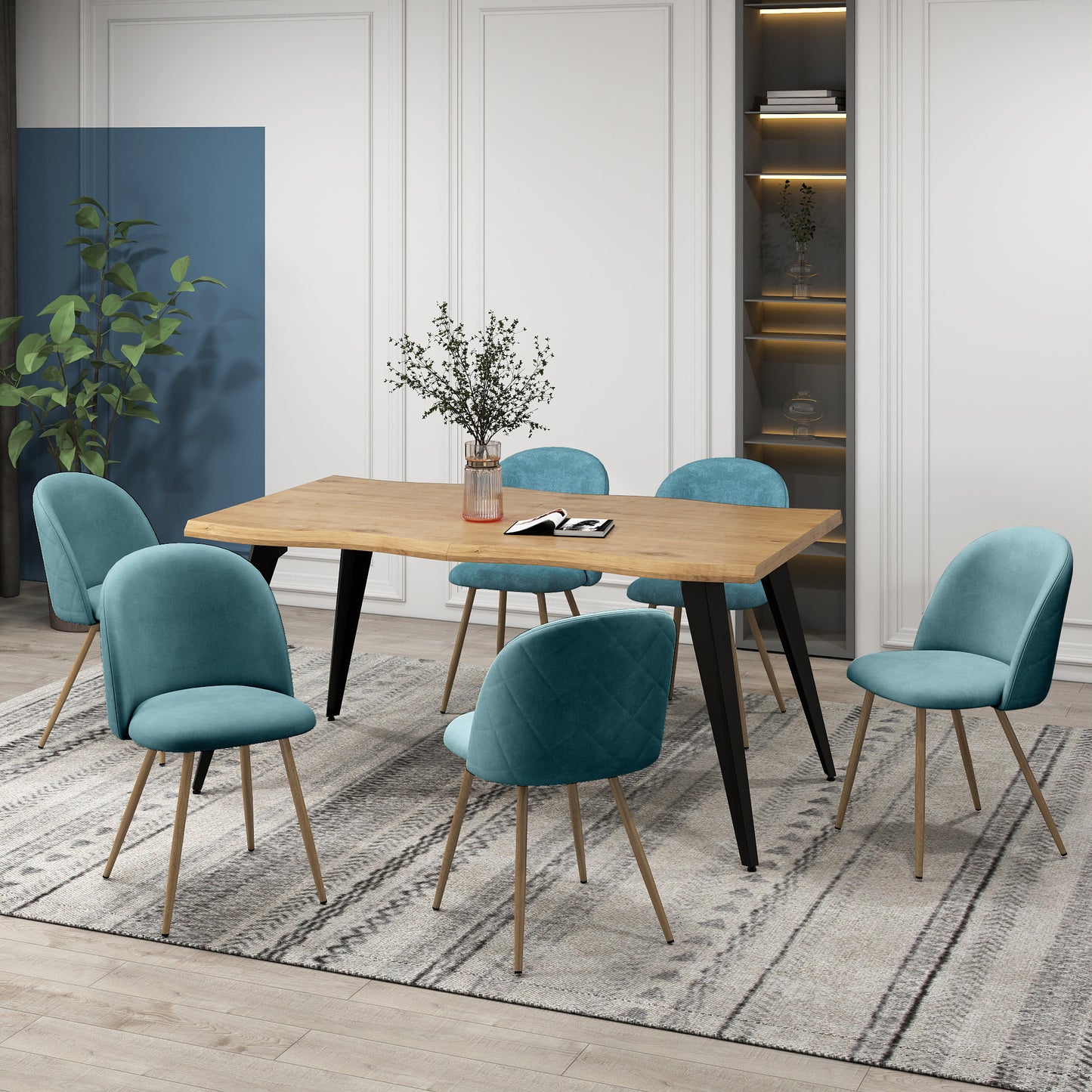 Lancelot Wooden Dining Table Set with Puzzle Side Chairs, 5-Piece Set, Aloe Blue Fabric