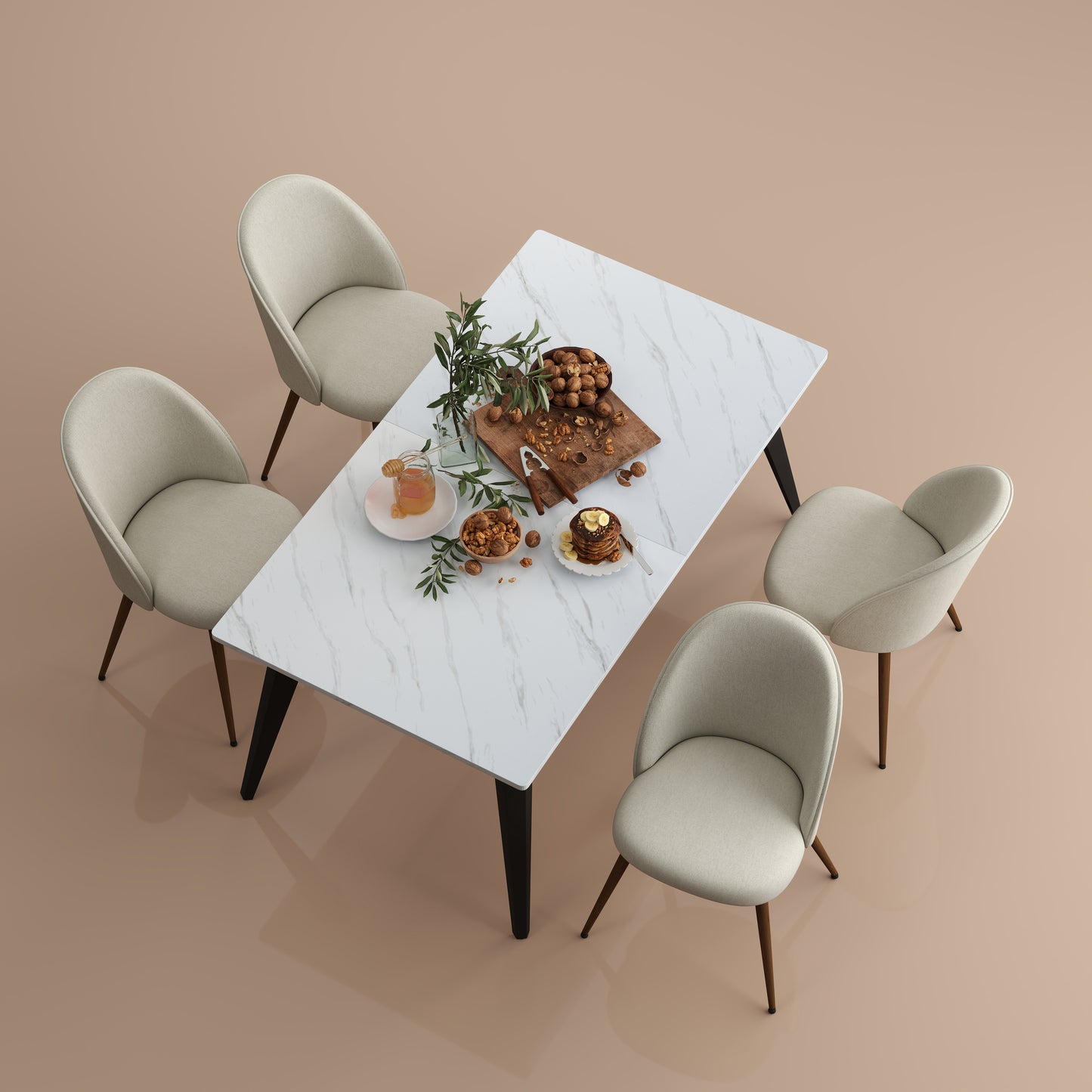 Stan White Marble Dining Table Set with Haven Side Chairs, 5-Piece Set, Beige