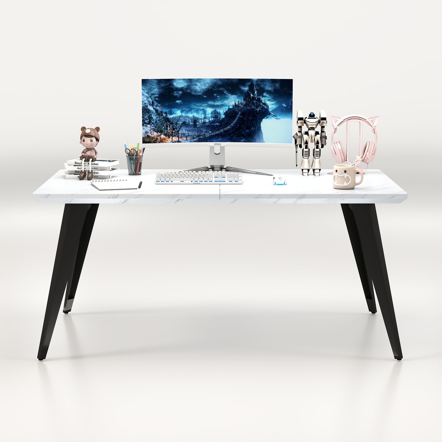 Stan White Marble Desk with Ross Swivel Task Chair, 2-Piece Home Office Bundle, Brown Faux Suede