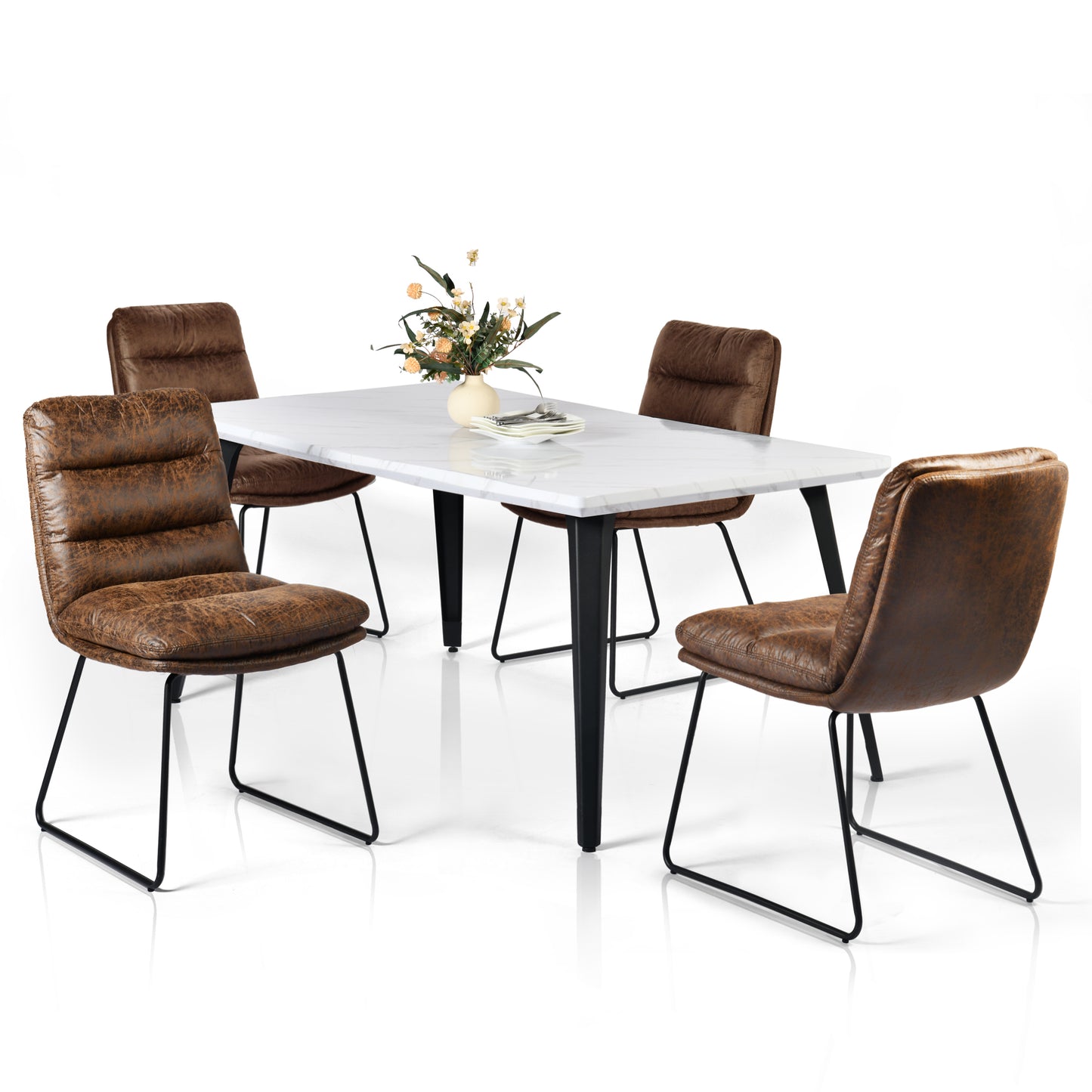 Stan Marble-Look Dining Table with Steffen Faux Leather Chairs, 5-Piece Set, Brown