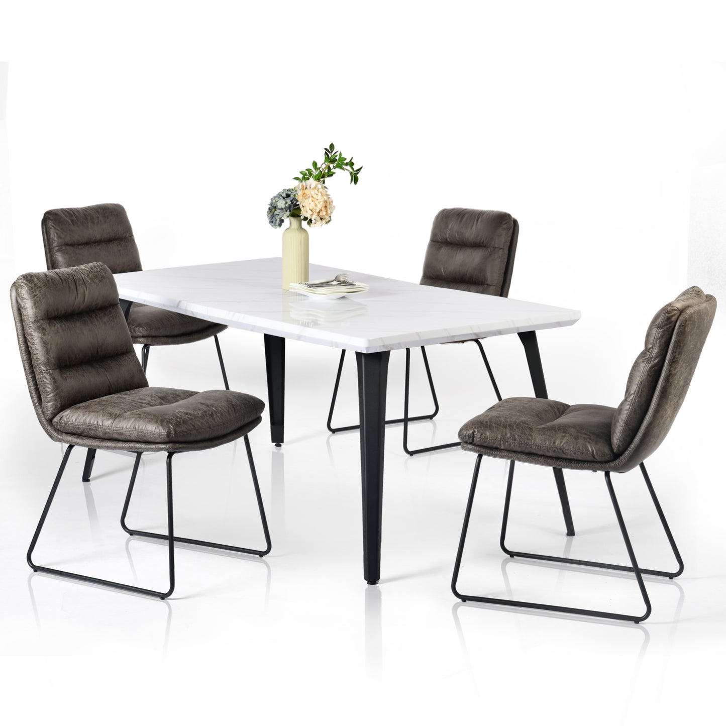 Stan Marble-Look Dining Table with Steffen Faux Leather Chairs, 5-Piece Set, Grey