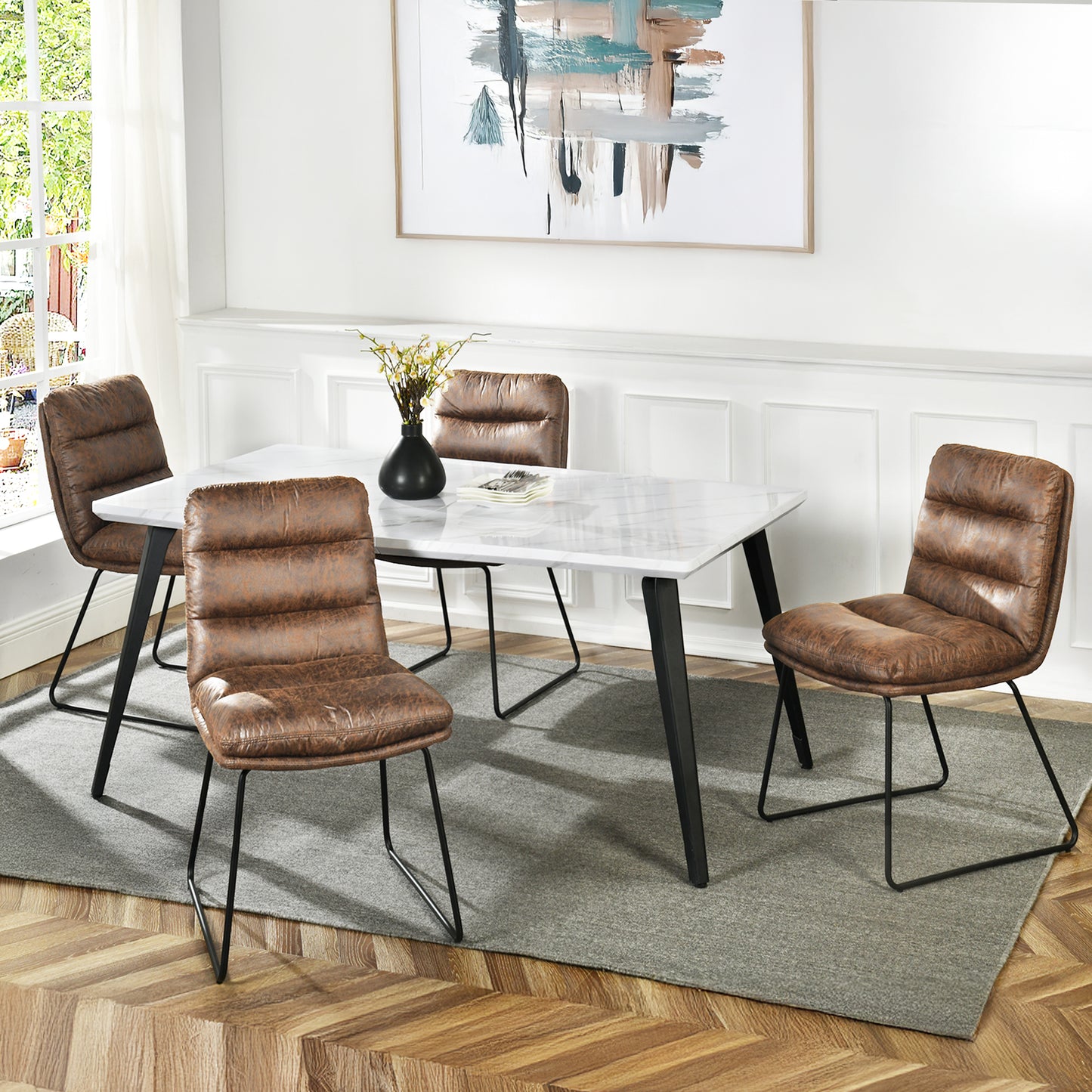 Stan Marble-Look Dining Table with Steffen Faux Leather Chairs, 5-Piece Set, Brown