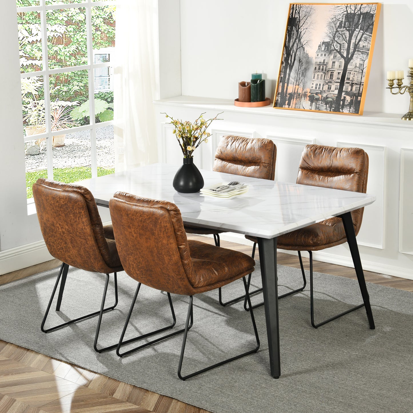 Stan Marble-Look Dining Table with Steffen Faux Leather Chairs, 5-Piece Set, Brown