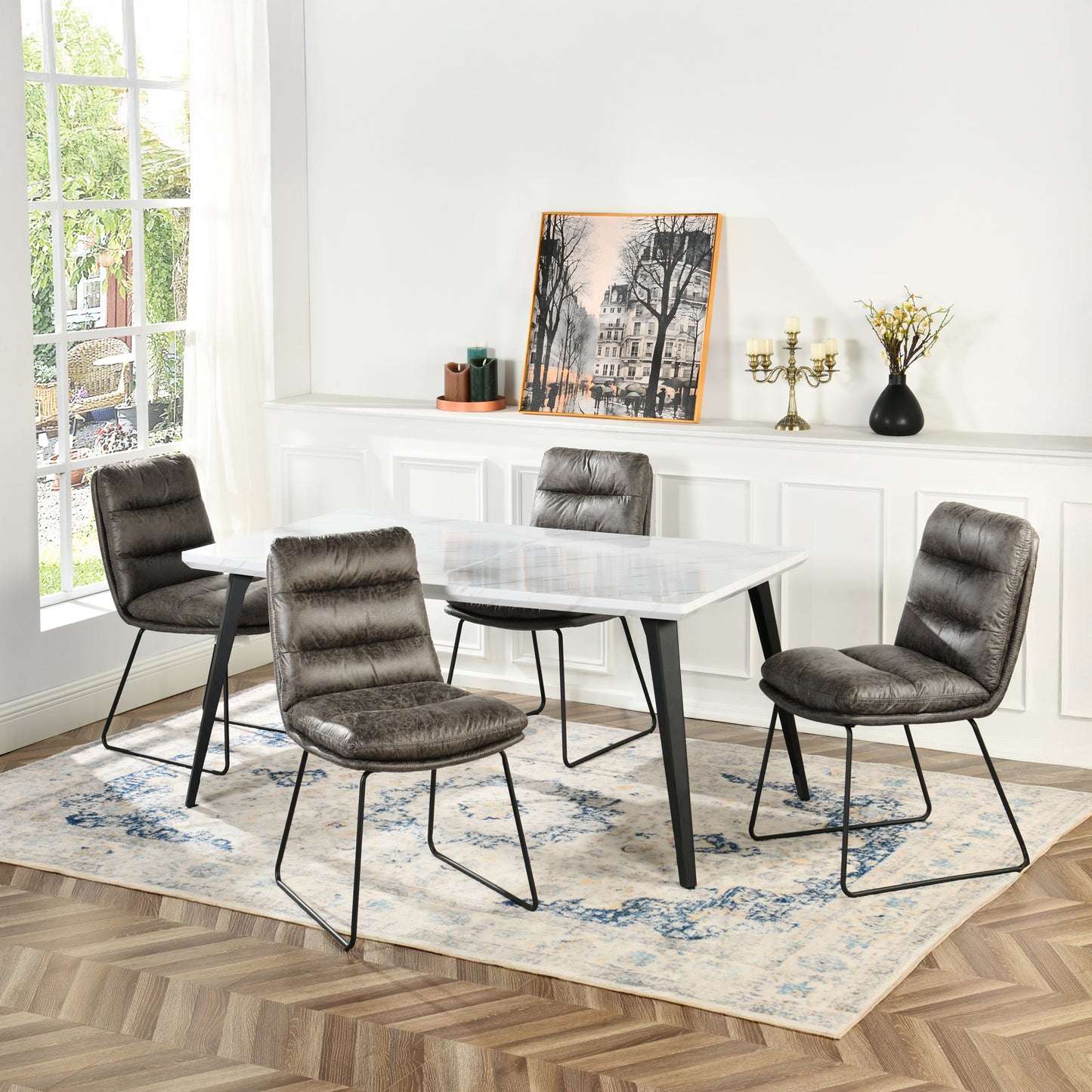 Stan Marble-Look Dining Table with Steffen Faux Leather Chairs, 5-Piece Set, Grey