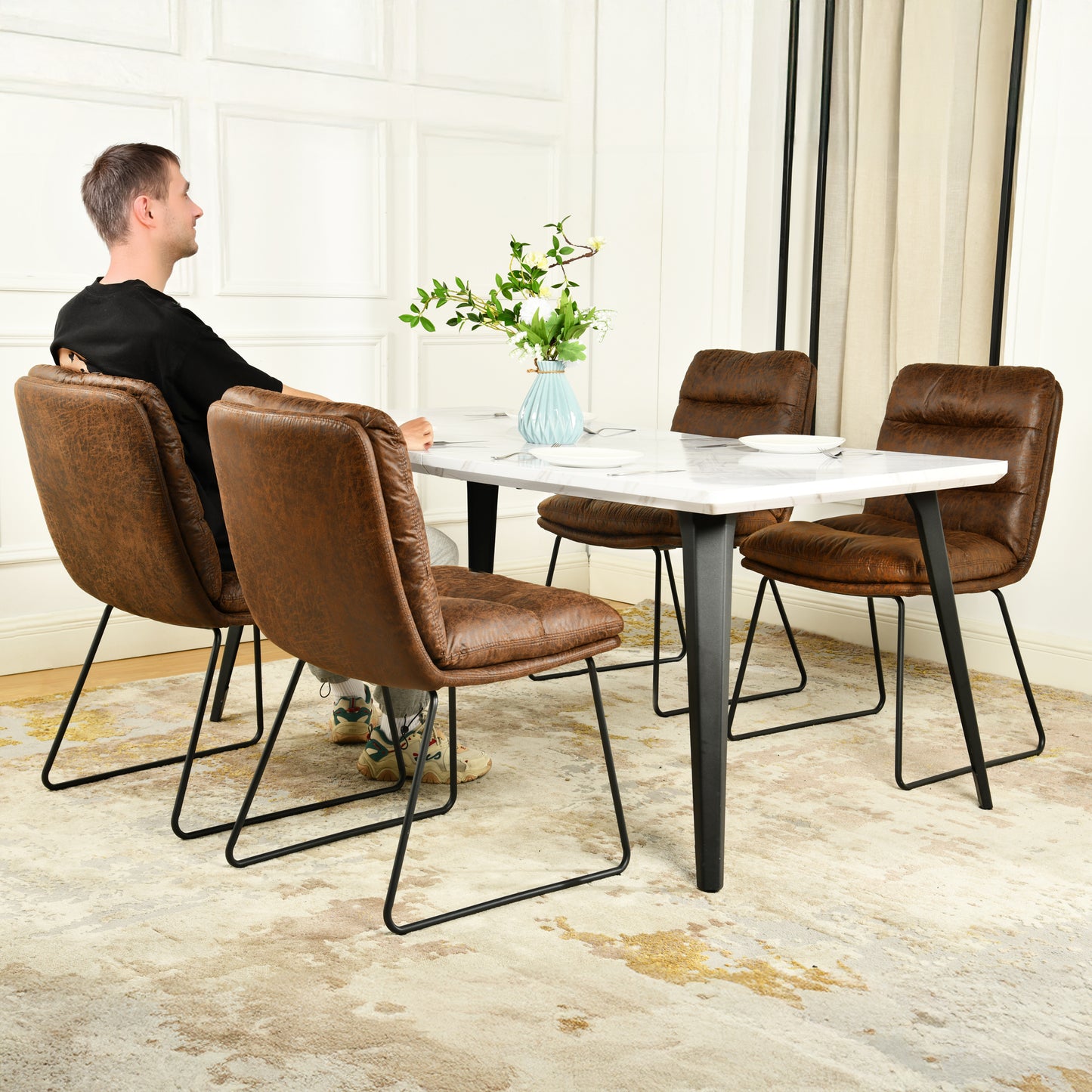 Stan Marble-Look Dining Table with Steffen Faux Leather Chairs, 5-Piece Set, Brown