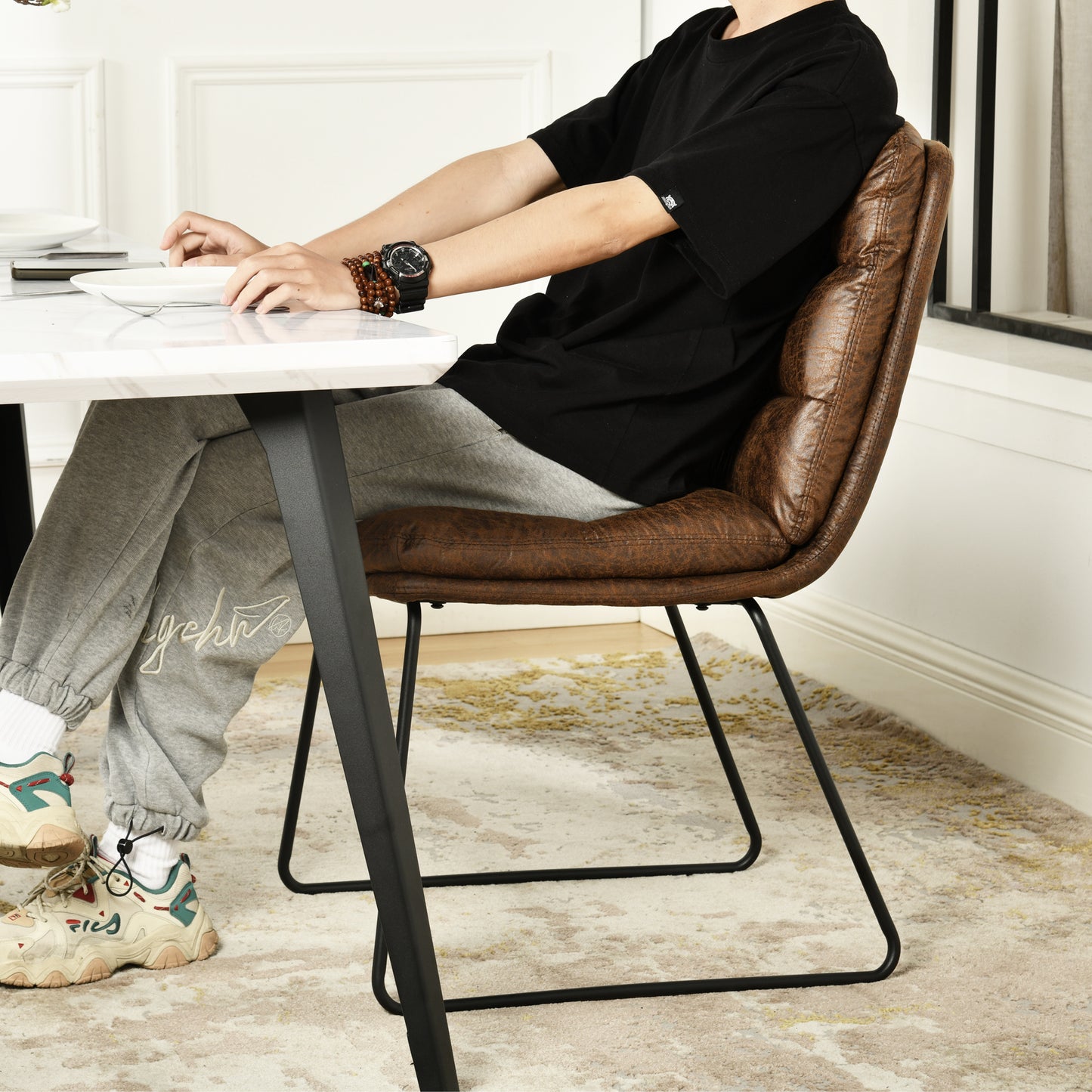 Stan Marble-Look Dining Table with Steffen Faux Leather Chairs, 5-Piece Set, Brown