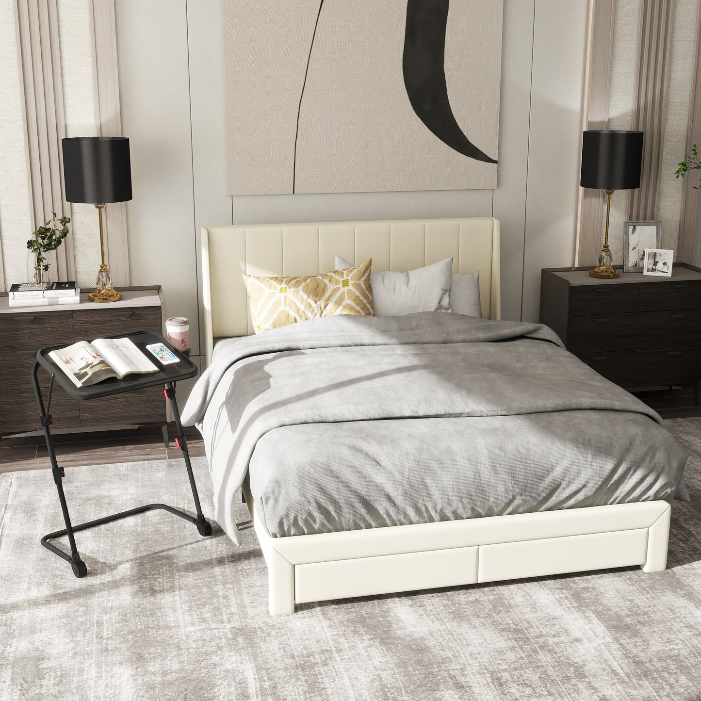 Summit Queen Bed and Baseline Black Folding Tray Table, 2-Piece Bedroom Comfort Bundle, Beige