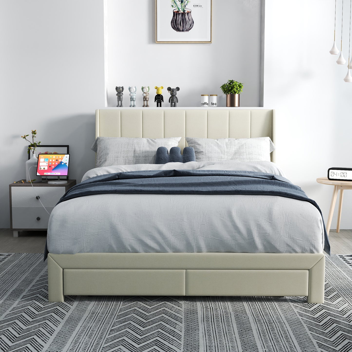 Summit Upholstered Storage Bed Frame with USB Charging, Queen, Beige