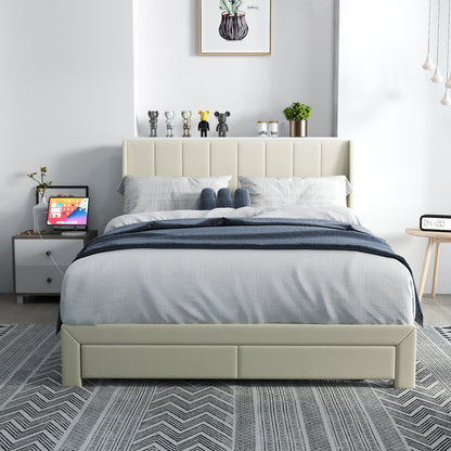 Summit Upholstered Storage Bed Frame with USB Charging, Queen, Beige