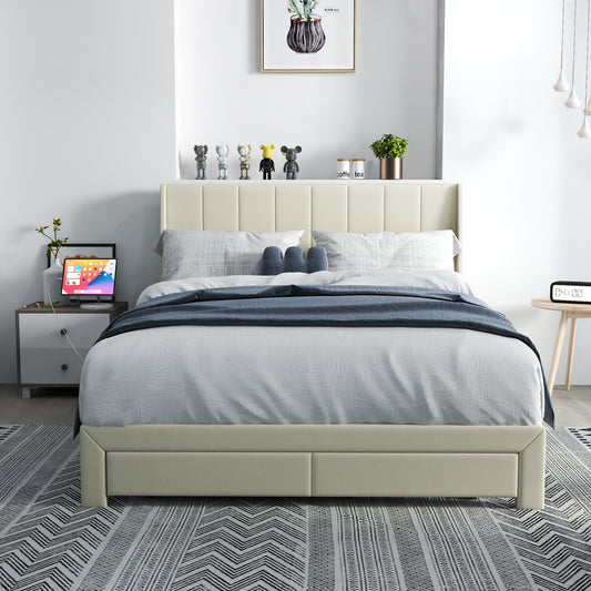 Summit Upholstered Storage Bed Frame with USB Charging, Queen, Beige