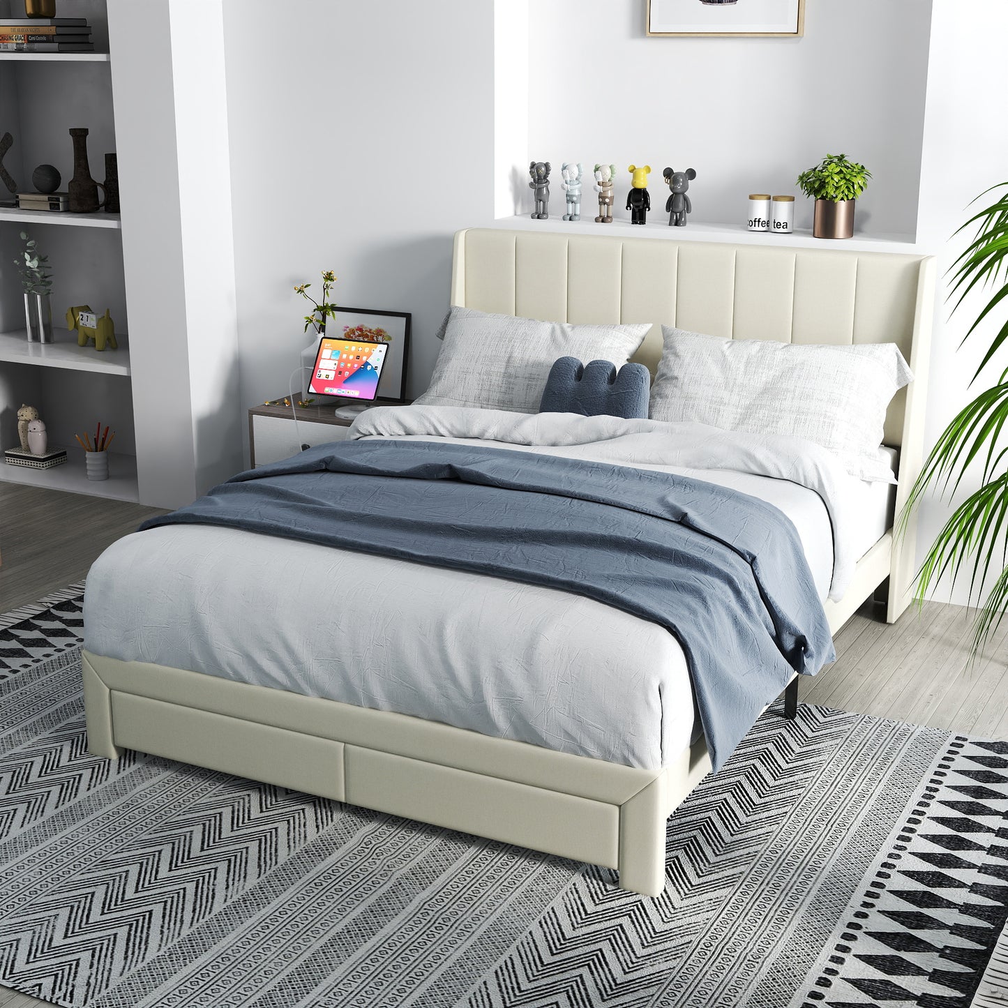 Summit Upholstered Storage Bed Frame with USB Charging, Queen, Beige