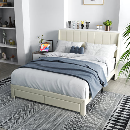 Summit Upholstered Storage Bed Frame with USB Charging, Queen, Beige