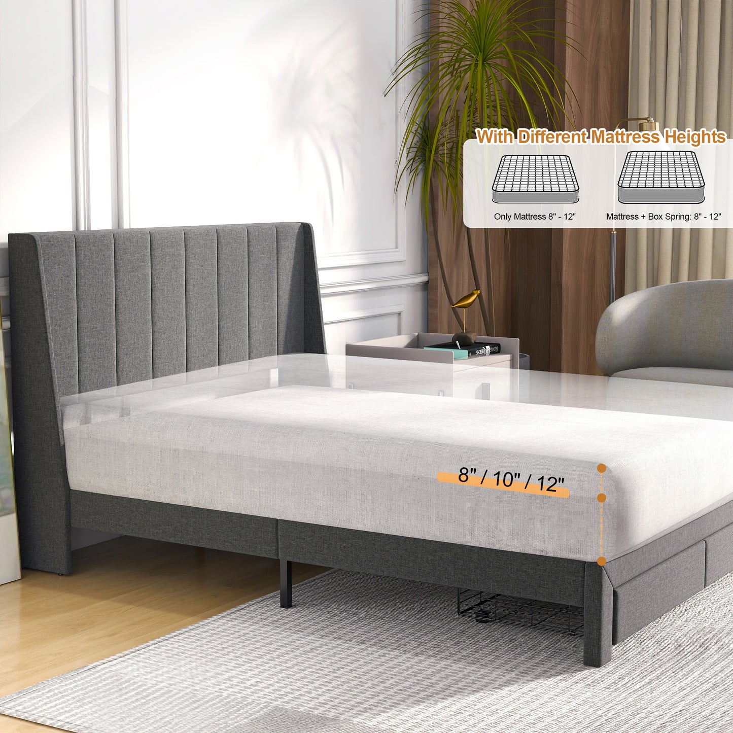 Summit Upholstered Storage Bed Frame with USB Charging, Queen, Grey