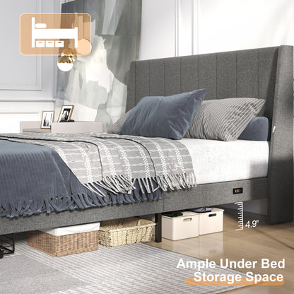 Summit Upholstered Storage Bed Frame with USB Charging, Queen, Grey