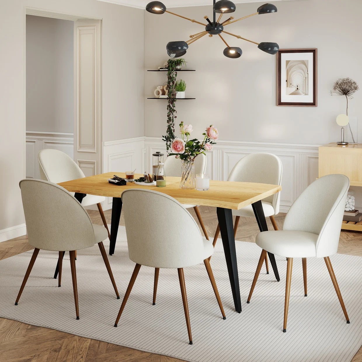 Lancelot Oak-Color Dining Set, 7-Piece with Haven Beige Fabric Chairs