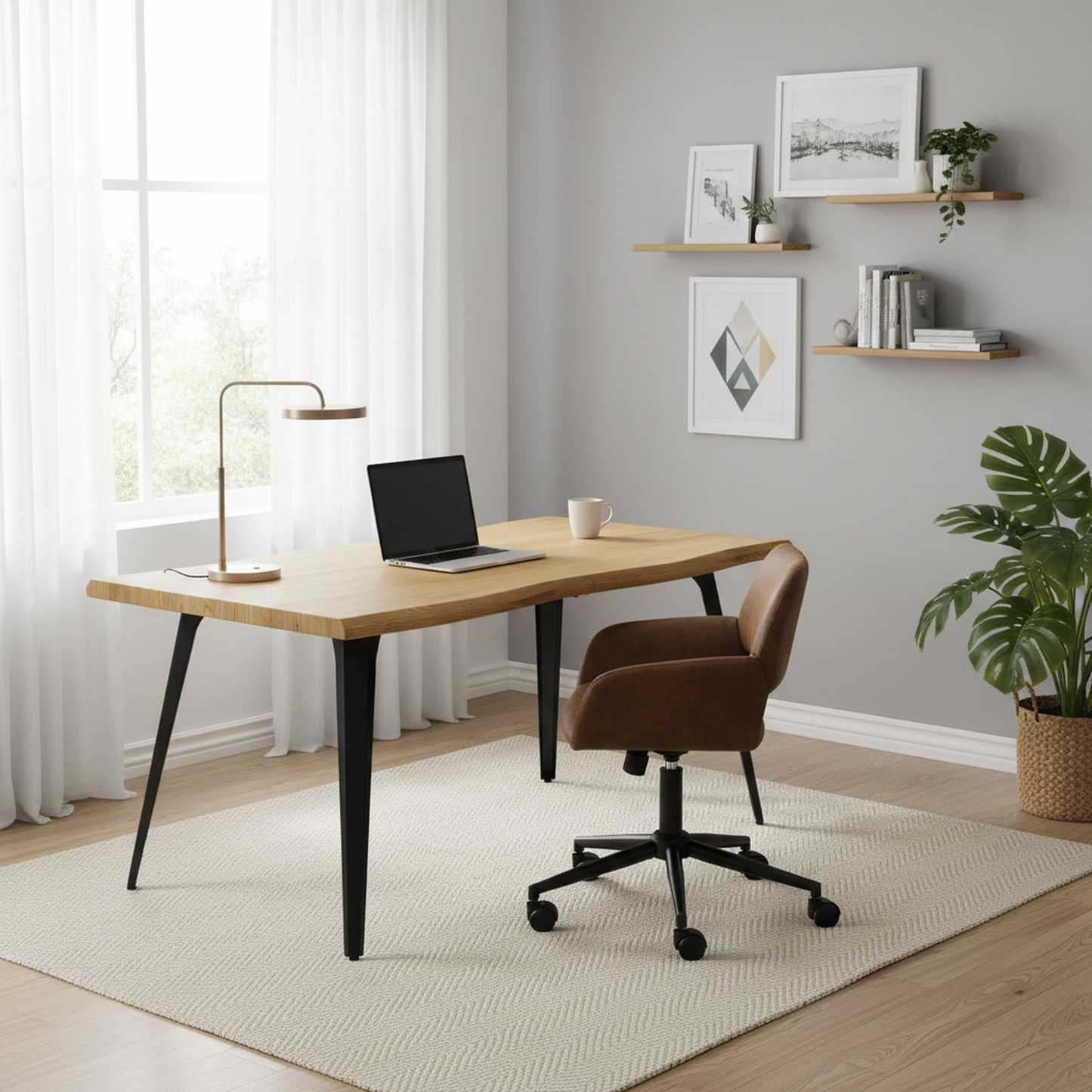 Lancelot Wooden Desk and Ross Swivel Task Chair, 2-Piece Office Set Bundle, Brown Faux Suede