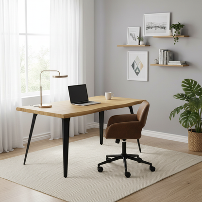 Lancelot Wooden Desk and Ross Swivel Task Chair, 2-Piece Office Set Bundle, Brown Faux Suede