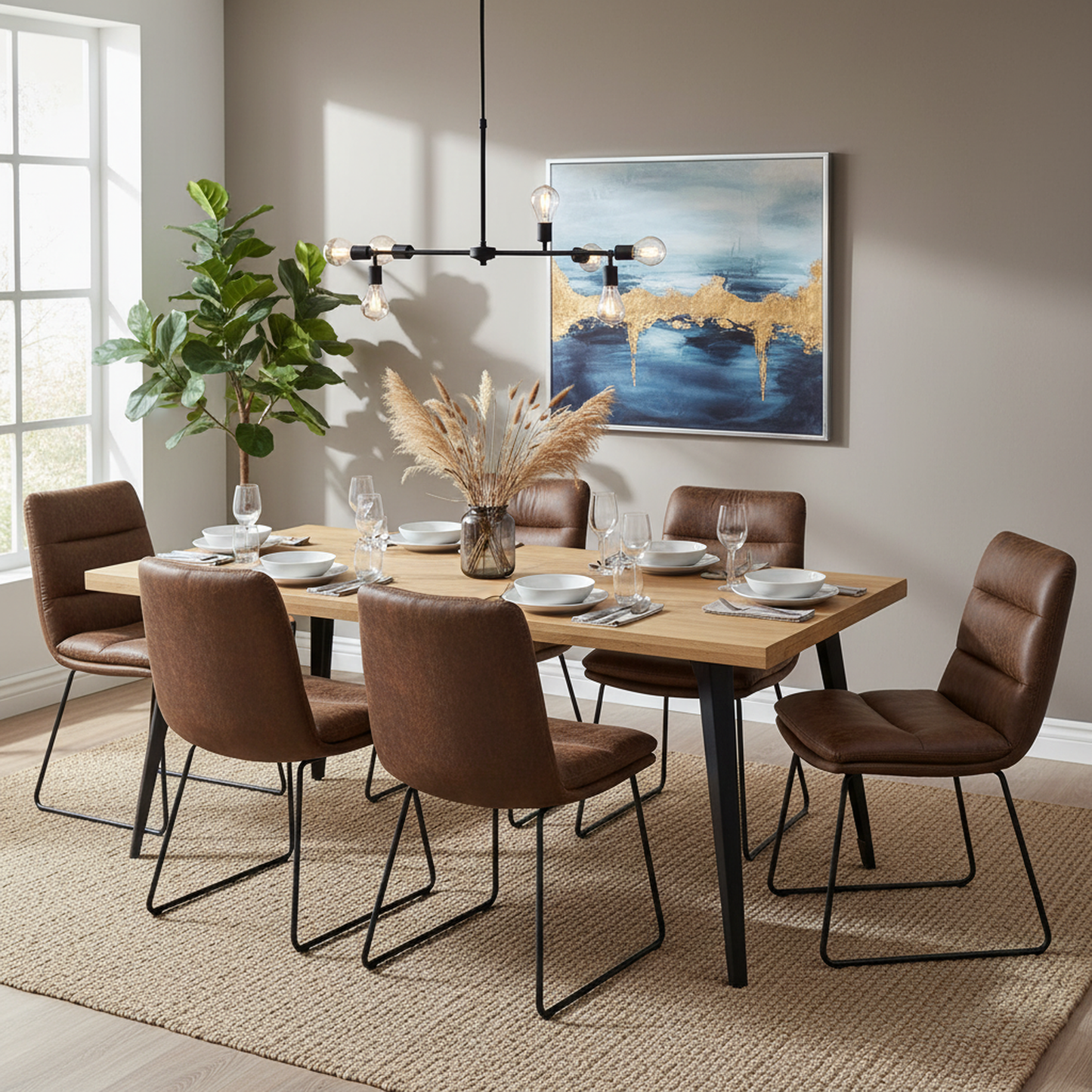 Lancelot Wooden Dining Table Set with Steffen Side Chairs, 7-Piece Set, Brown Faux Leather