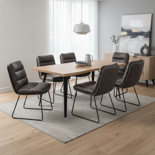 Lancelot Wooden Dining Table Set with Steffen Side Chairs, 7-Piece Set, Grey Faux Leather