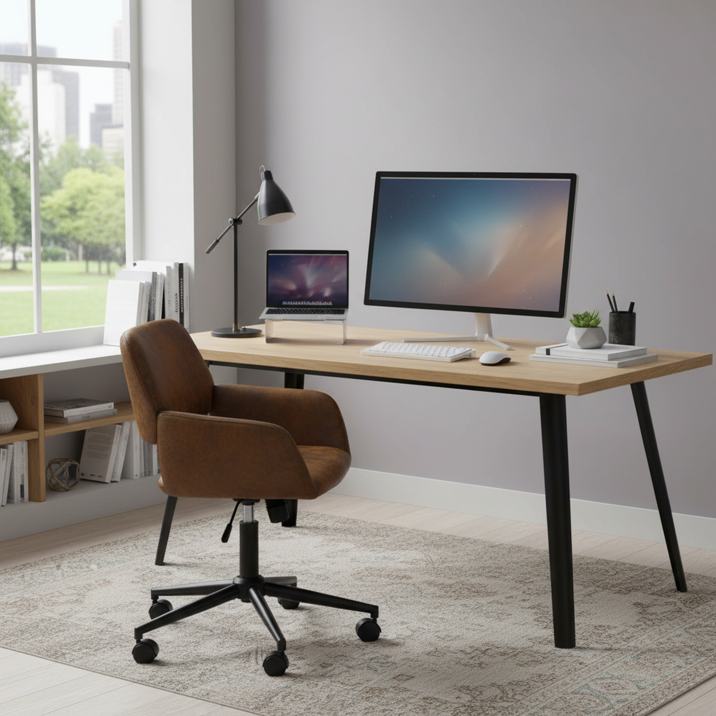 Lancelot Wooden Desk and Ross Swivel Task Chair, 2-Piece Office Set Bundle, Brown Faux Suede