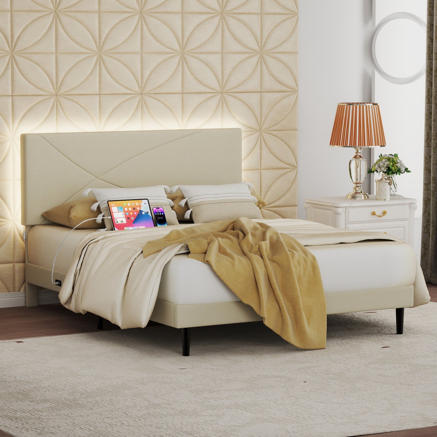 Foothill queen upholstered platform bed in beige with LED headboard and USB ports – Homy Casa. Styled in a contemporary bedroom.