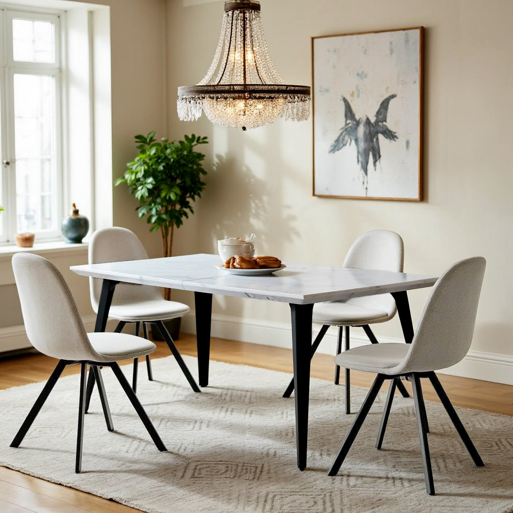 Stan Modern Dining Table, 63" Rectangular, Seats 6, White Marble-Effect