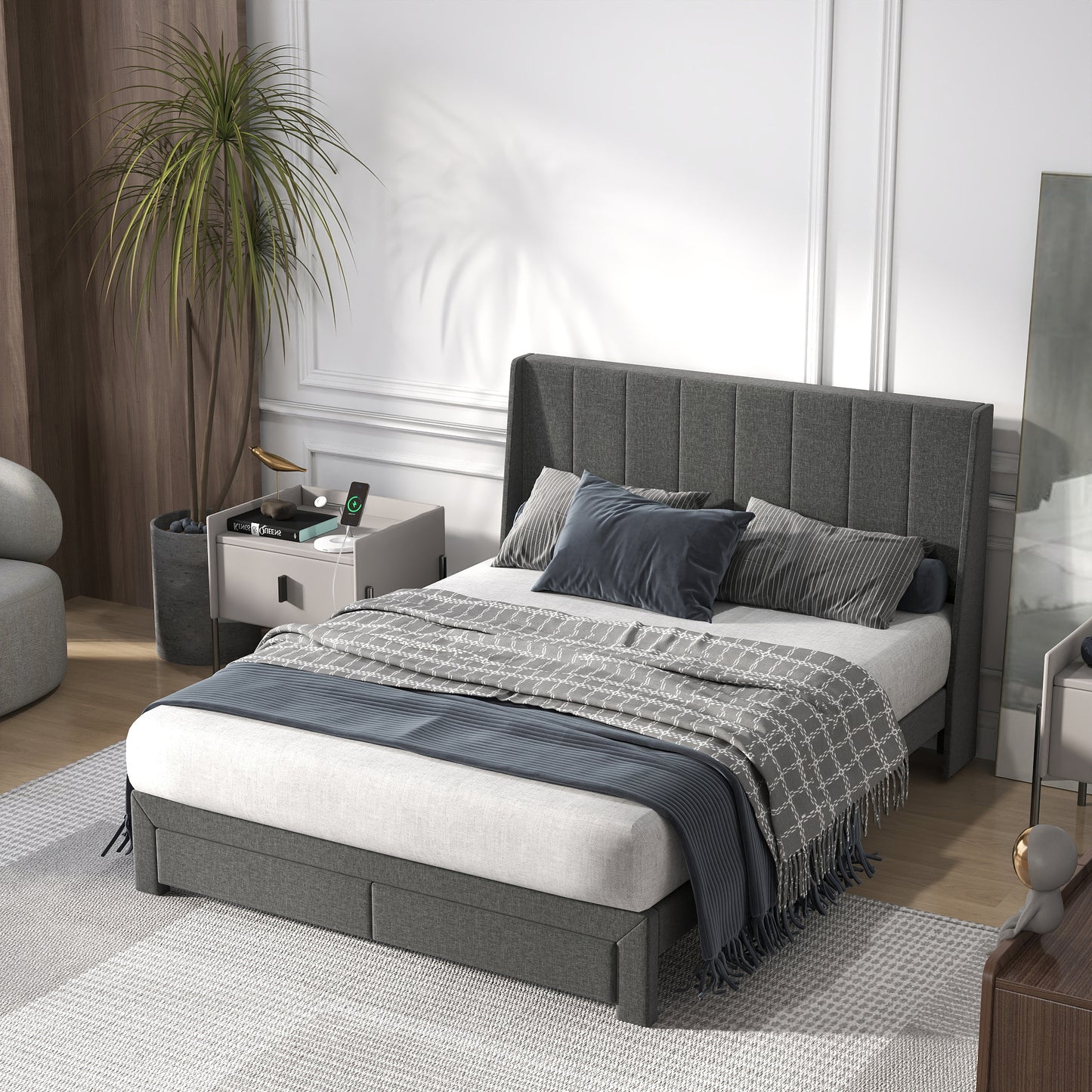 Summit Upholstered Storage Bed Frame with USB Charging, Queen, Grey