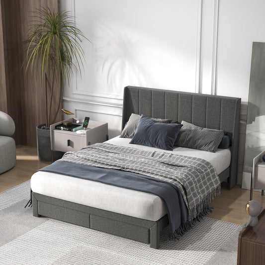 Summit Upholstered Storage Bed Frame with USB Charging, Queen, Grey