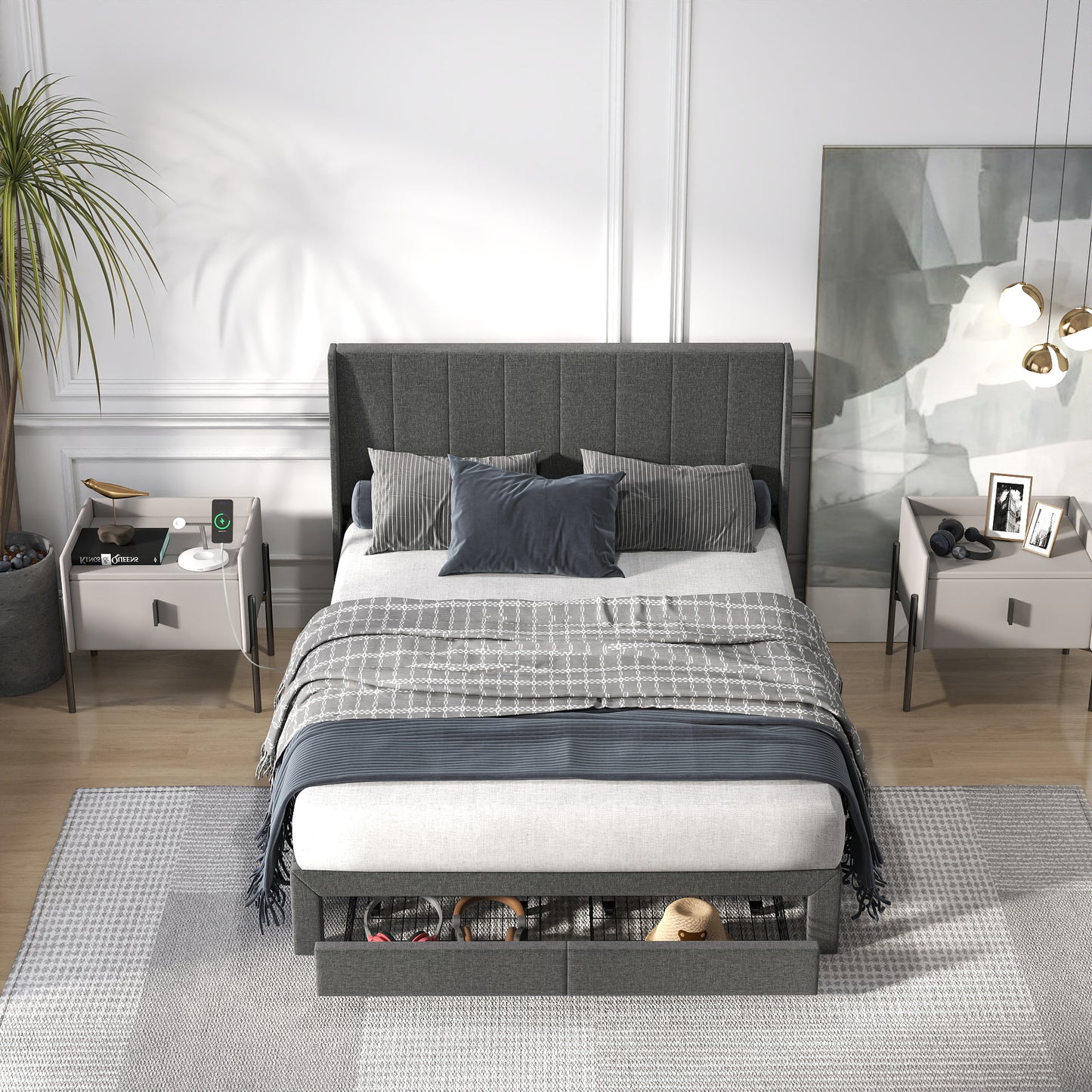 Summit Upholstered Storage Bed Frame with USB Charging, Queen, Grey