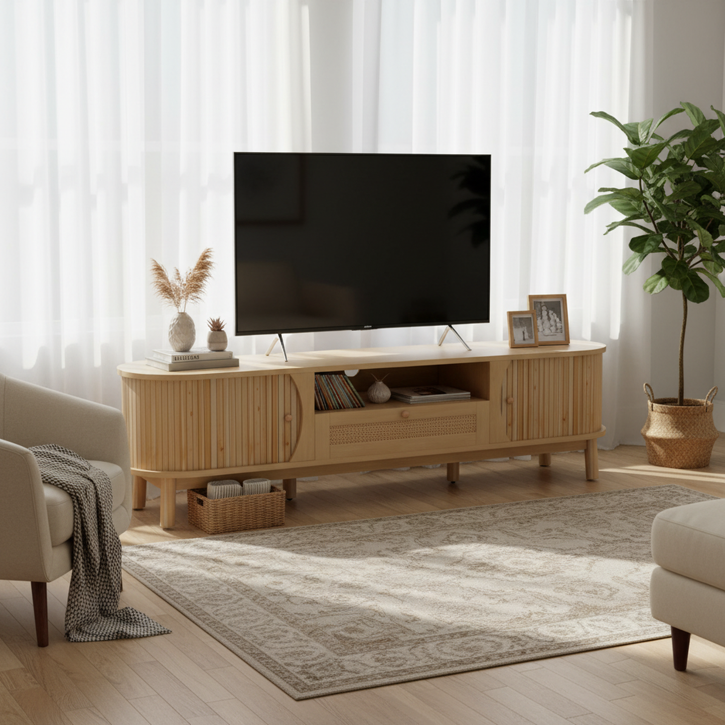 Linden TV Stand, 65", Light Wood