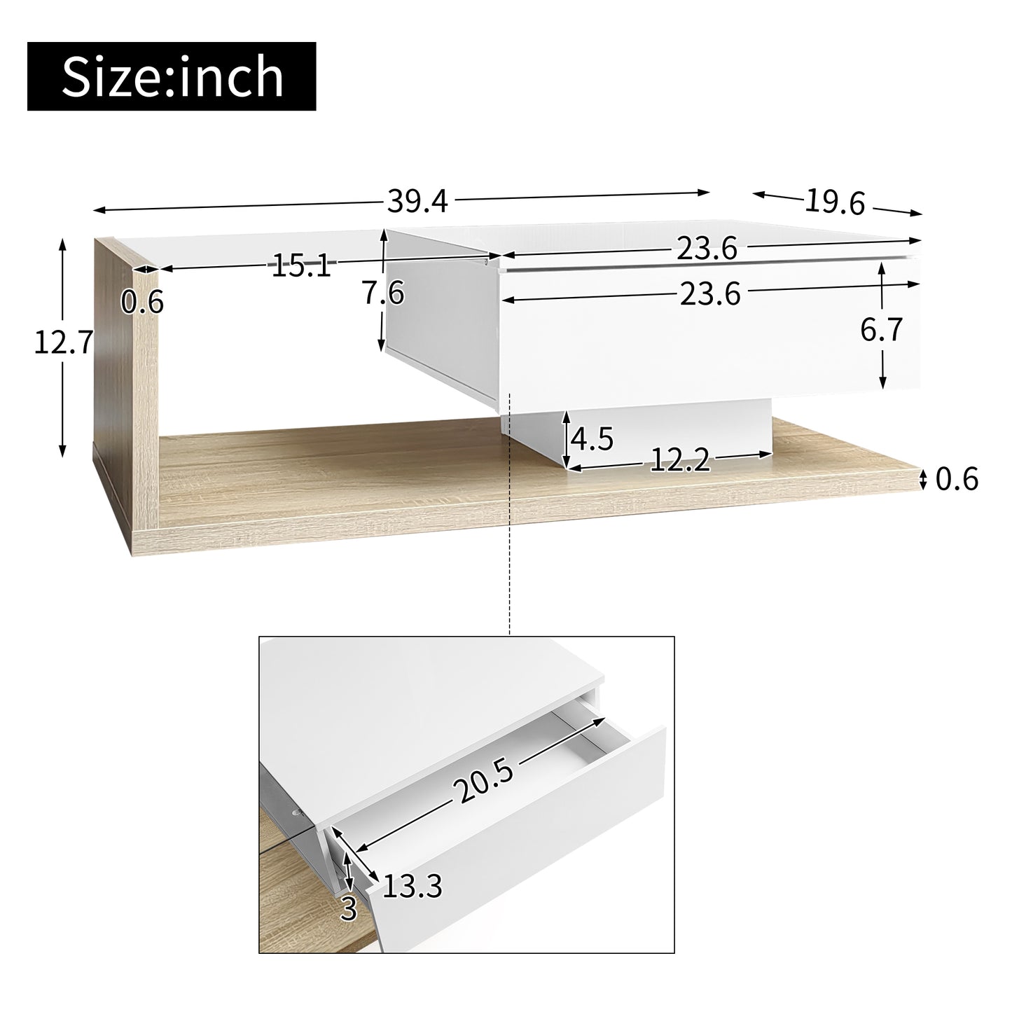 Cavara High-Gloss LED Coffee Table with Glass Top and Storage, White & Wood-Grain