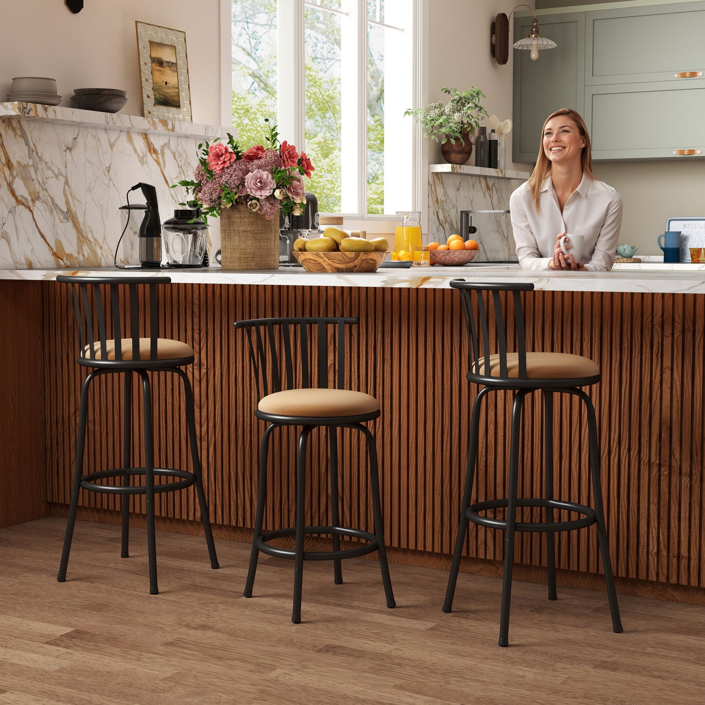 Pistil 24"/29" Adjustable Swivel Counter & Bar Stools, Set of 3, Beige & Black