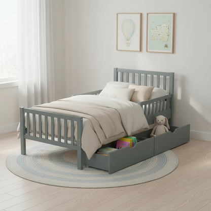 Rowan Wood Platform Kids Bed with Storage Drawers, Twin, Grey