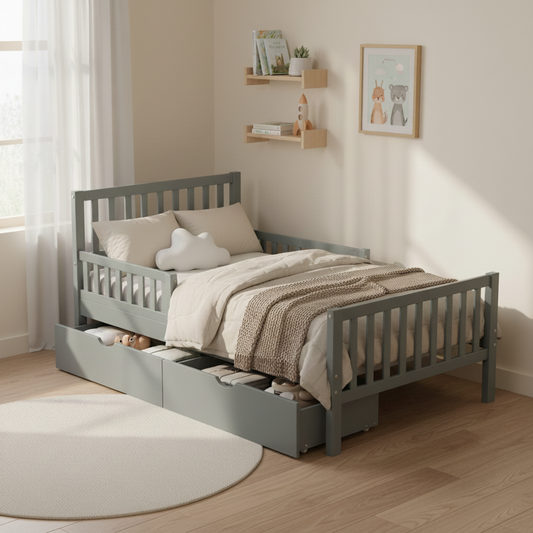 Rowan Wood Platform Kids Bed with Storage Drawers, Twin, Grey