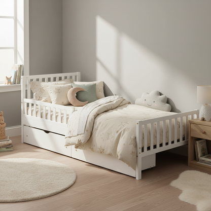 Rowan Wood Platform Kids Bed with Storage Drawers, Twin, White