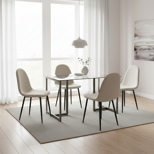 Slip Modern Glass Dining Table Set with Charlton Side Chairs, 5-Piece Set, Barrel Beige