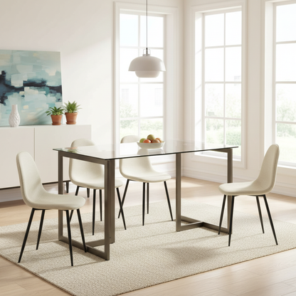 Slip Modern Glass Dining Table Set with Charlton Side Chairs, 5-Piece Set, Khaki