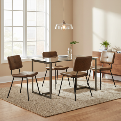 Slip Glass Dining Table Set with Pomona Side Chairs, 5-Piece Set, Brown Faux Suede