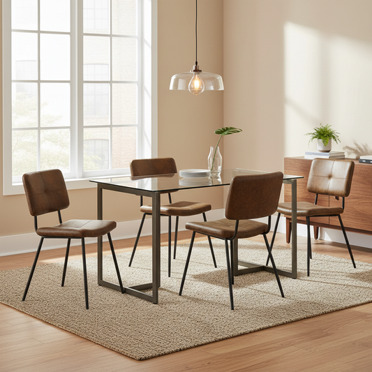 Slip Glass Dining Table Set with Pomona Side Chairs, 5-Piece Set, Brown Faux Suede