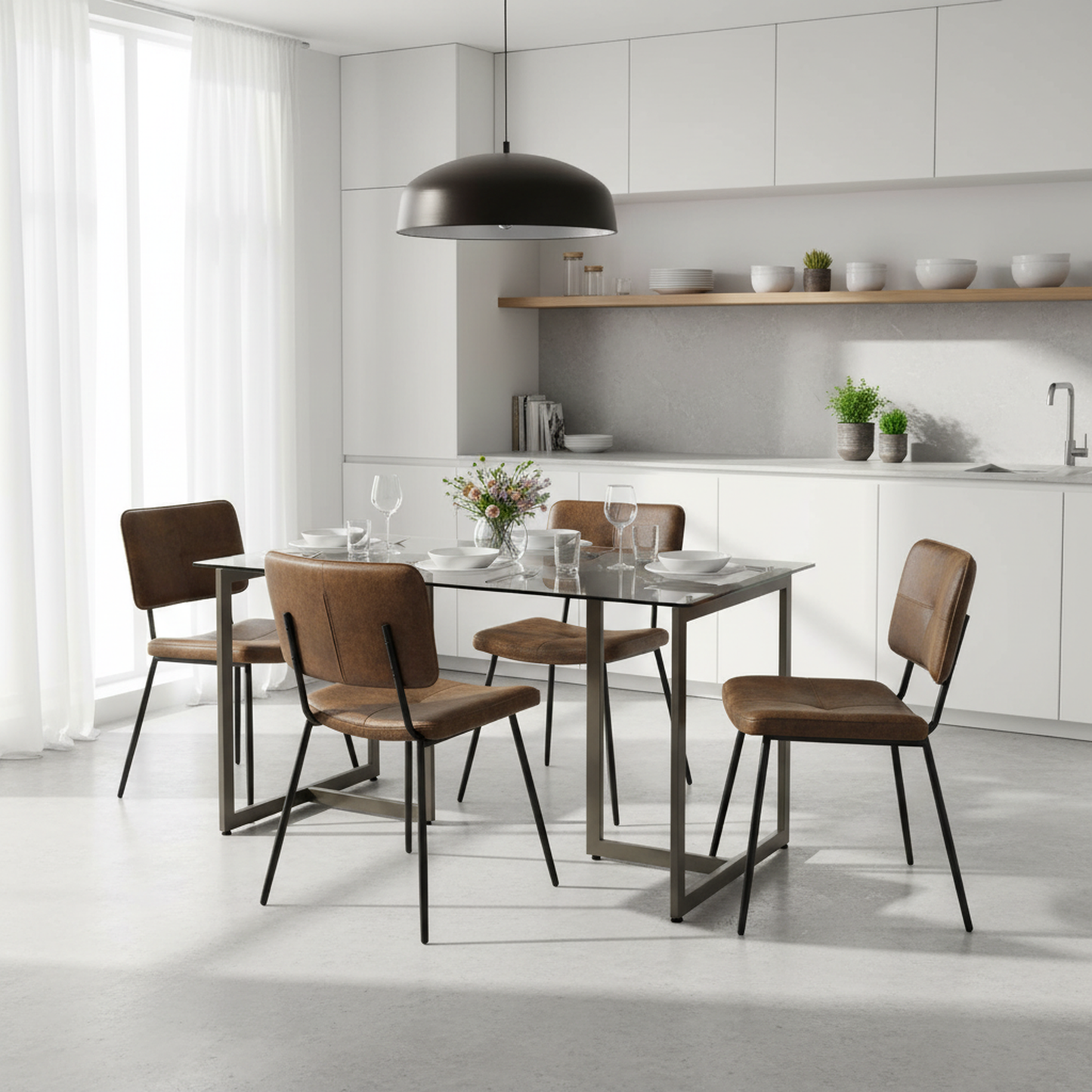 Slip Glass Dining Table Set with Pomona Side Chairs, 5-Piece Set, Brown Faux Suede