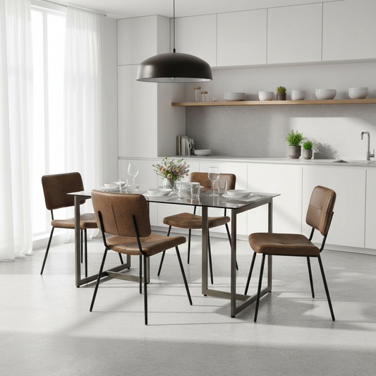 Slip Glass Dining Table Set with Pomona Side Chairs, 5-Piece Set, Brown Faux Suede
