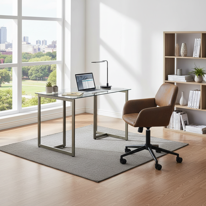 Slip Glass Desk with Ross Swivel Task Chair, 2-Piece Home Office Bundle, Brown Faux Suede