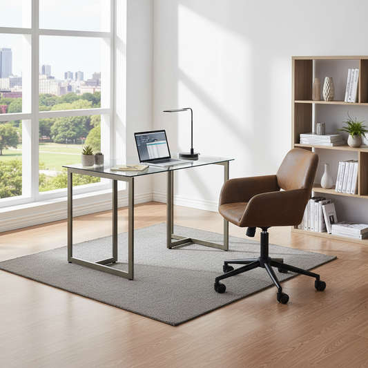 Slip Glass Desk with Ross Swivel Task Chair, 2-Piece Home Office Bundle, Brown Faux Suede