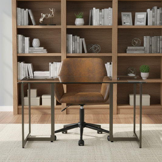 Slip Glass Desk with Ross Swivel Task Chair, 2-Piece Home Office Bundle, Brown Faux Suede