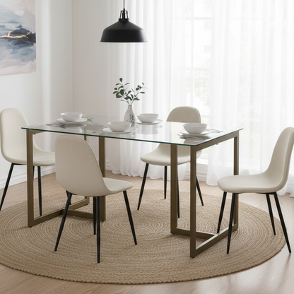 Slip Modern Glass Dining Table Set with Charlton Side Chairs, 5-Piece Set, Barrel Beige