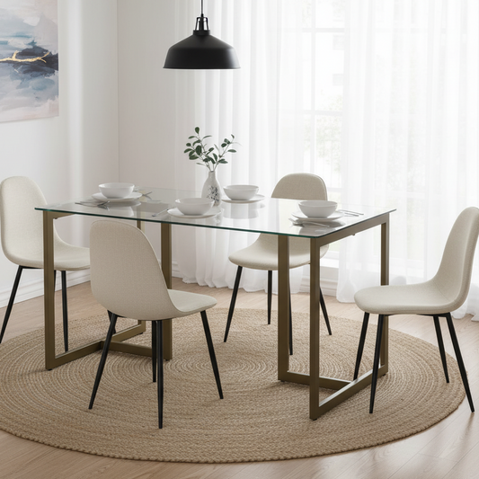 Slip Modern Glass Dining Table Set with Charlton Side Chairs, 5-Piece Set, Barrel Beige