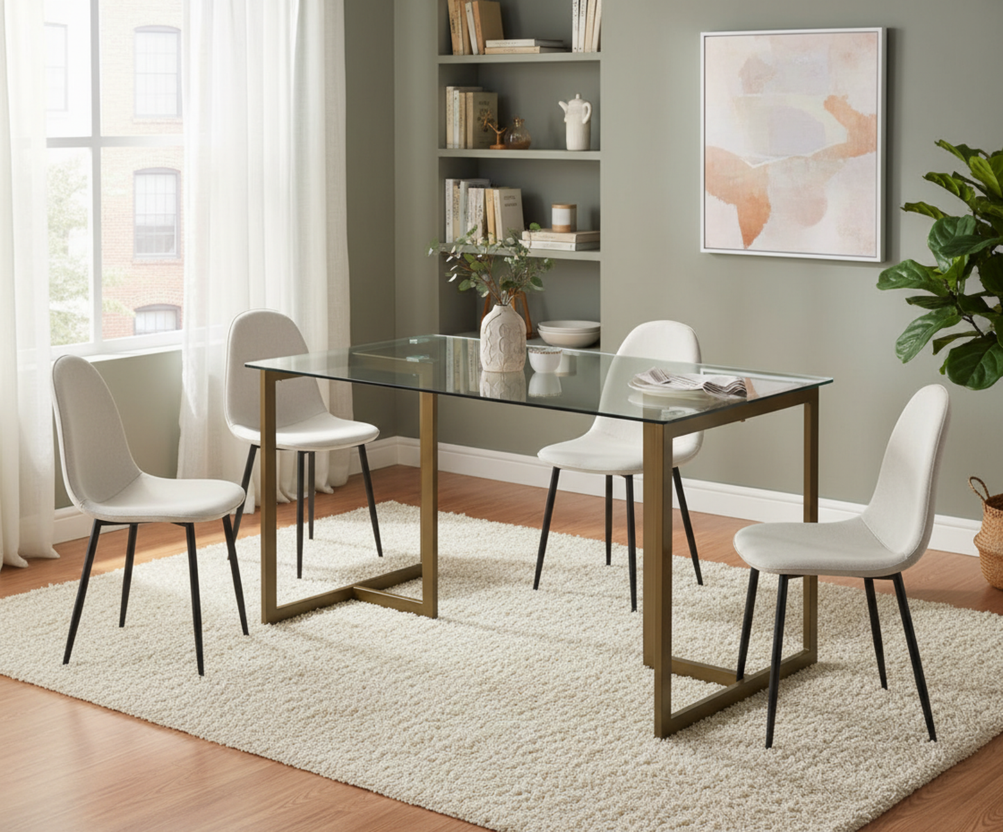 Slip Modern Glass Dining Table Set with Charlton Side Chairs, 5-Piece Set, Khaki