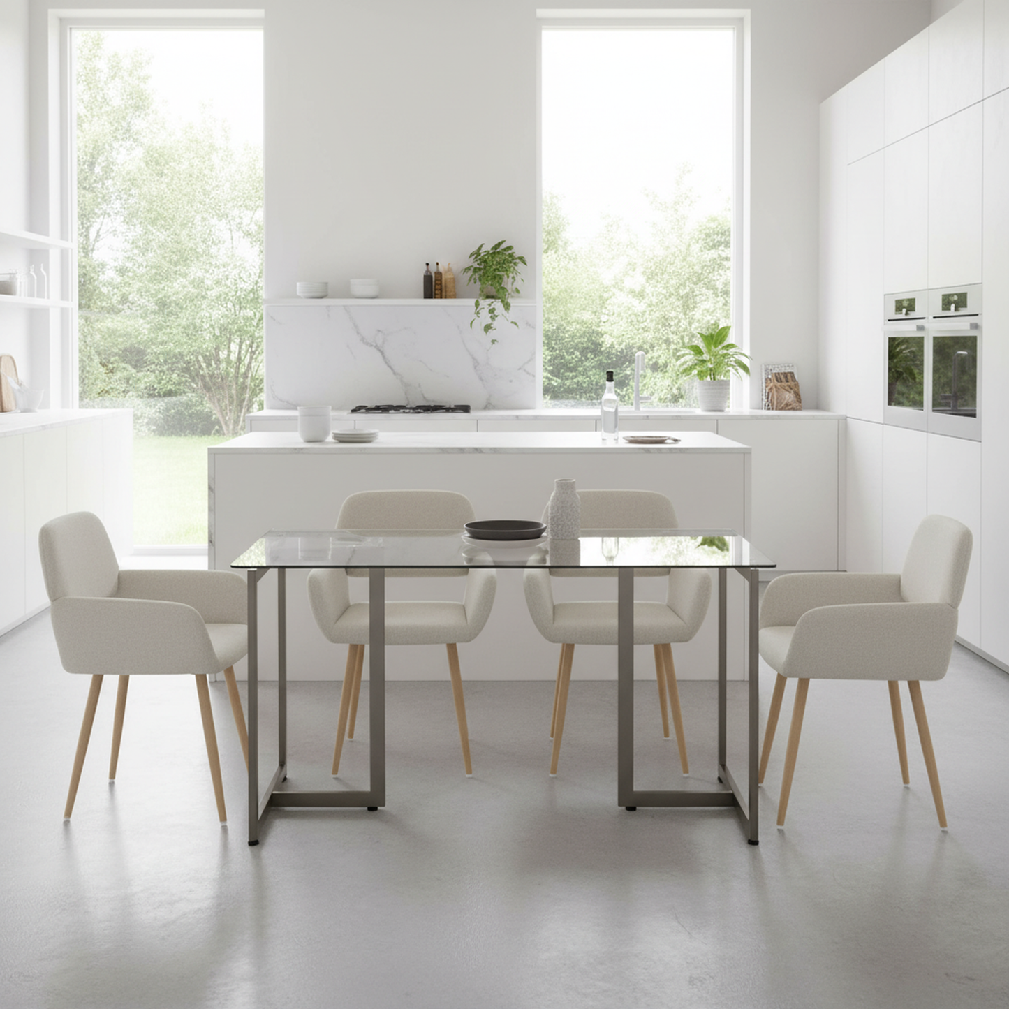 Slip Glass Dining Table Set with Mayfair Side Chairs, 5-Piece Set, Beige