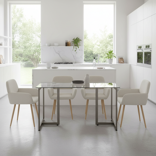 Slip Glass Dining Table Set with Mayfair Side Chairs, 5-Piece Set, Beige